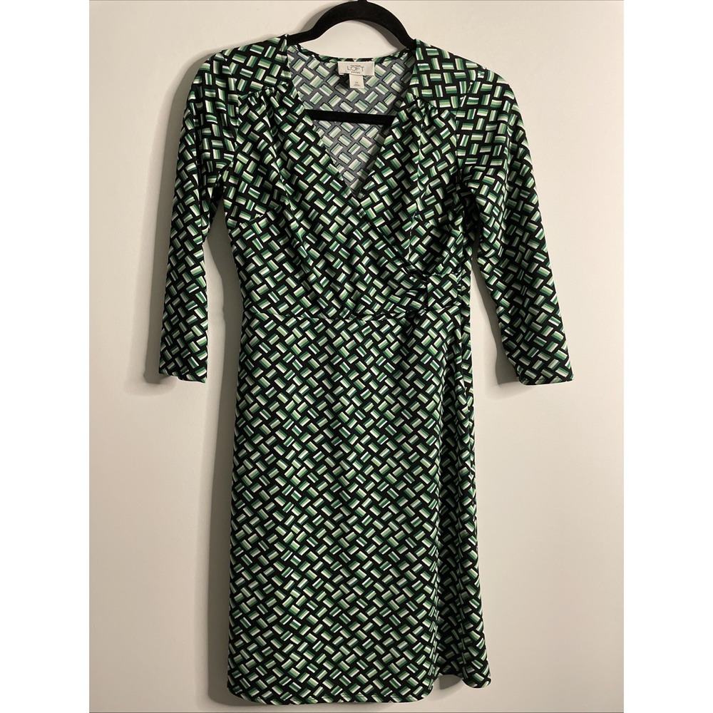 Ann Taylor LOFT Petites 0P Green Geometric Wrap Dress Career